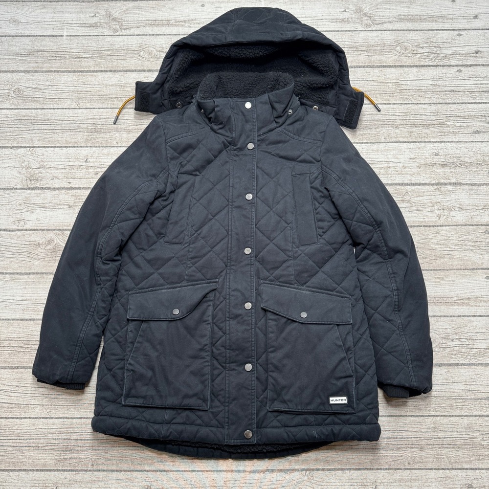 Hunter Jacket Womens Medium Black Sherpa Lined Quilted Hooded Parka Coat Outdoor